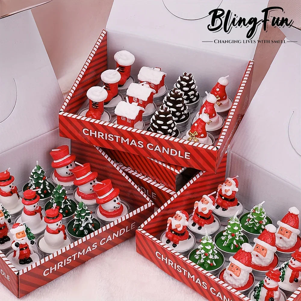 Wax Christmas Candles with Santa and Snowman Designs in Red and White