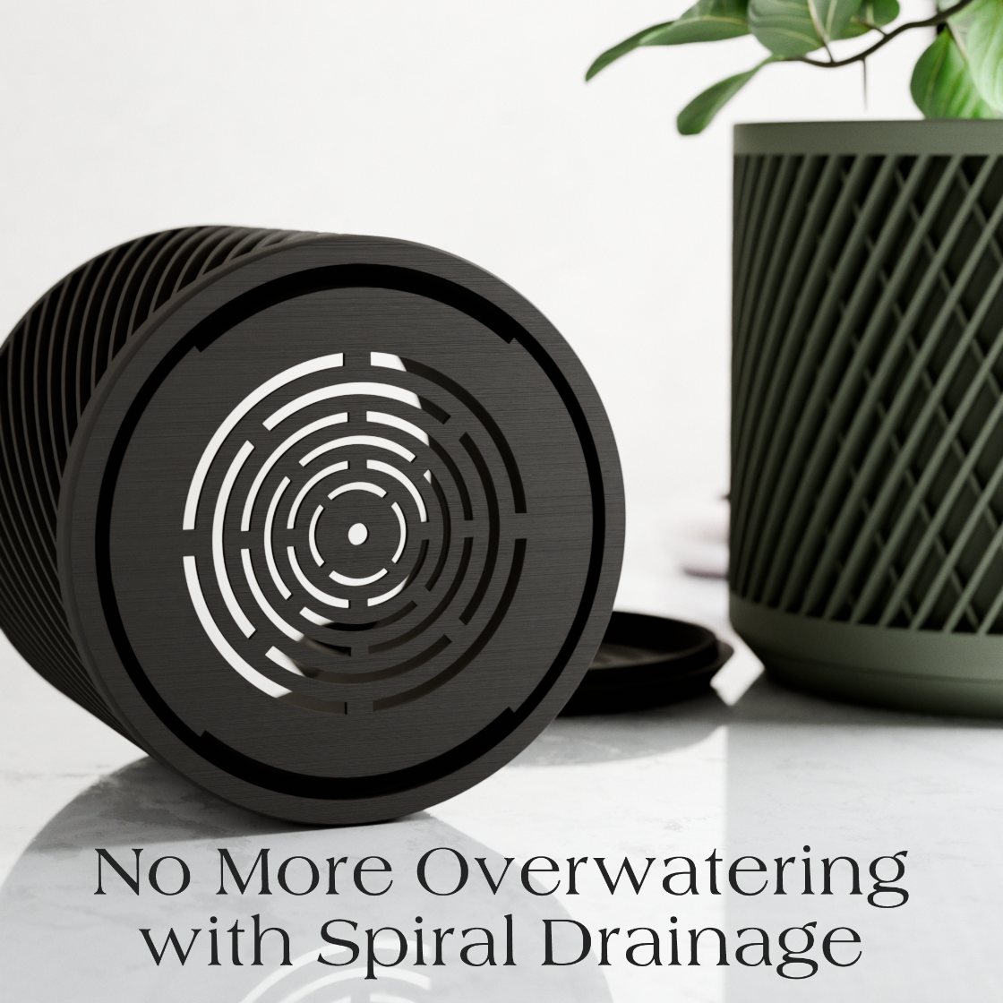 Black spiral drainage system for plants on a white surface with text 'No More Overwatering with Spiral Drainage'.