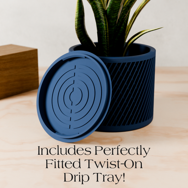 Blue plant pot with a fitted twist-on drip tray on a wooden surface
