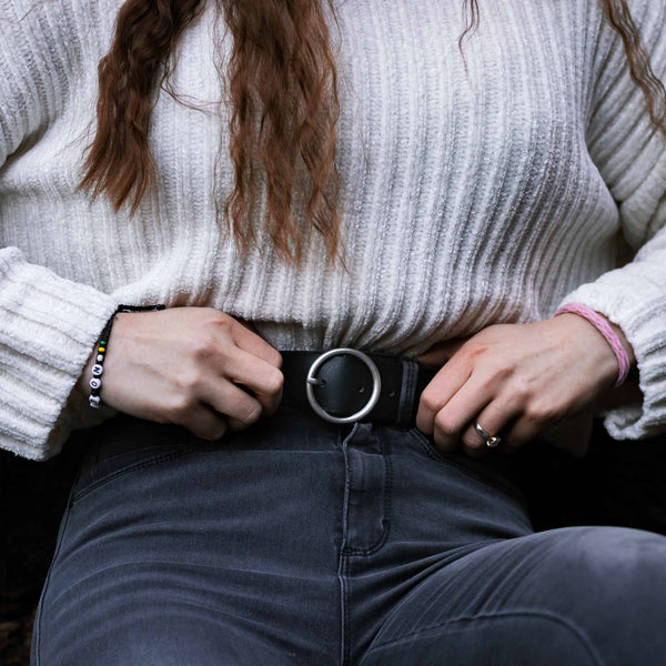 Sempre - Black Vachetta Leather Waist Belt with Circular Buckle