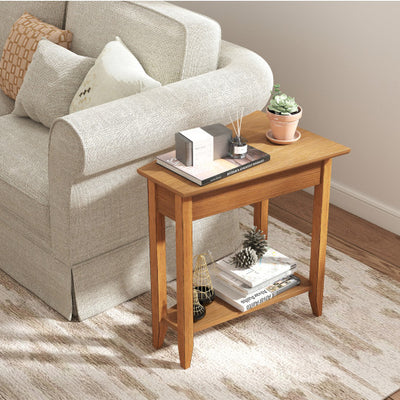 2-Tier Wedge Narrow End Table with Storage Shelf and Solid Wood Legs-Walnut