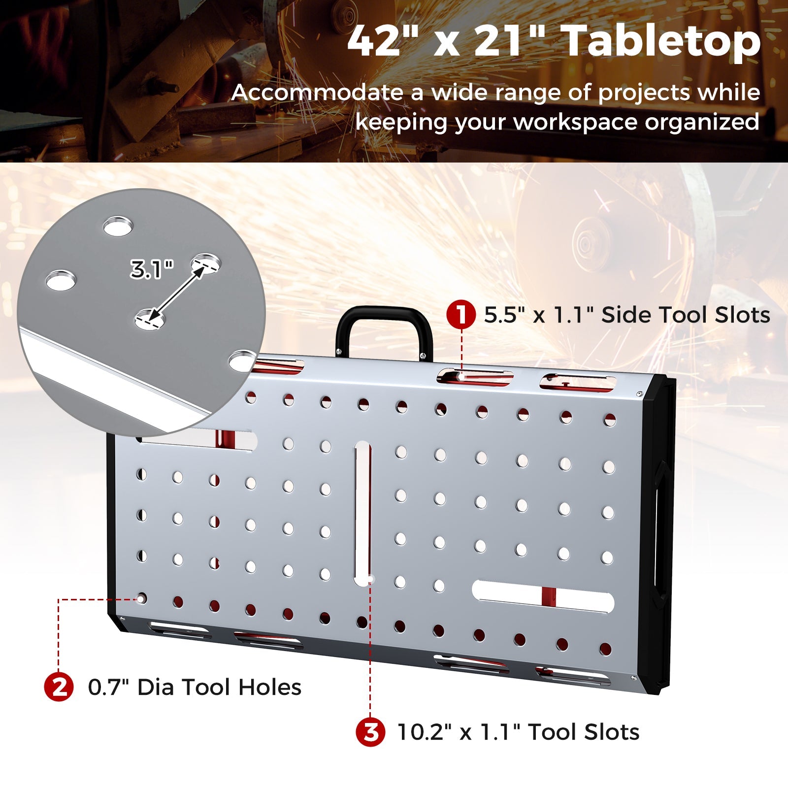 42 Inches x 21 Inches Welding Table with Adjustable Height and 2 Bar Clamps-Silver