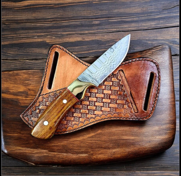 Western Fixed Blade Knife – Damascus Steel with Rosewood Handle & Leather Sheath