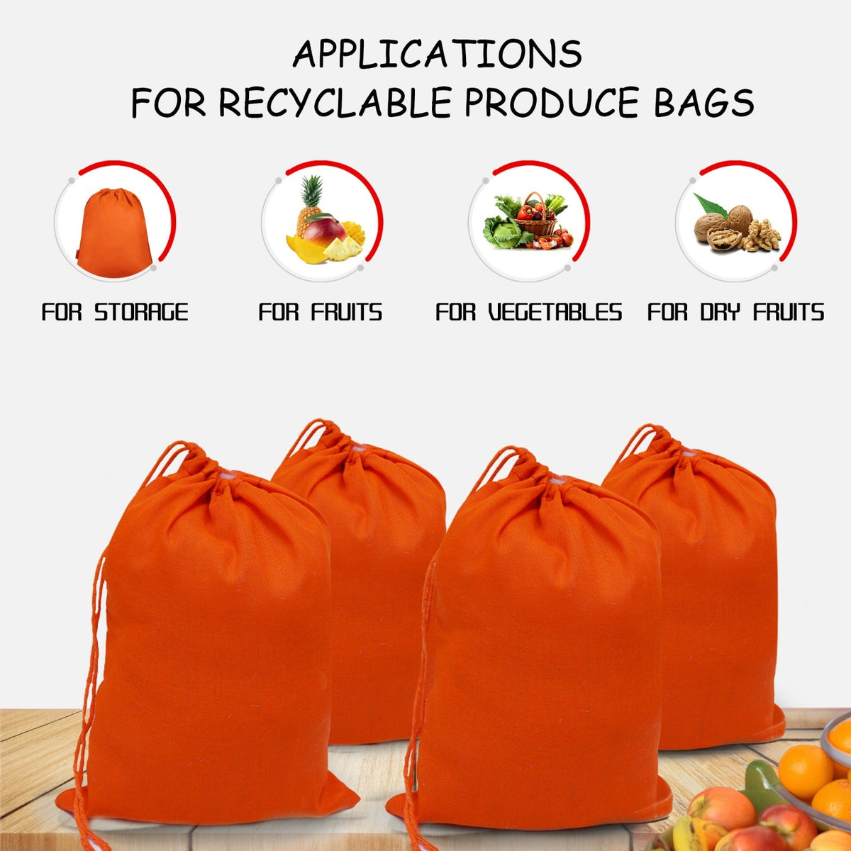 5x7 Inches Reusable Eco-Friendly Cotton Single Drawstring Bags Orange Color