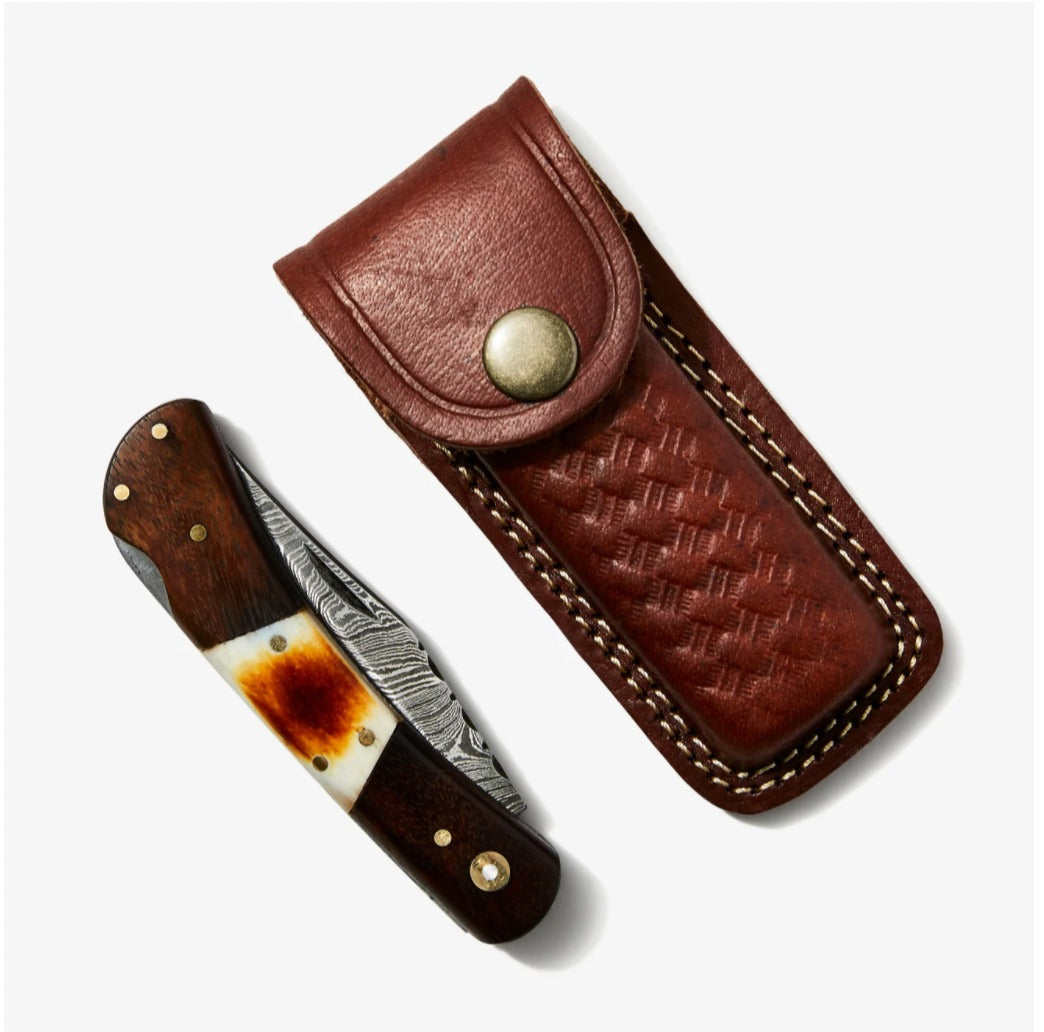 Walnut & Torched Bone Damascus Pocket Knife - TF-118