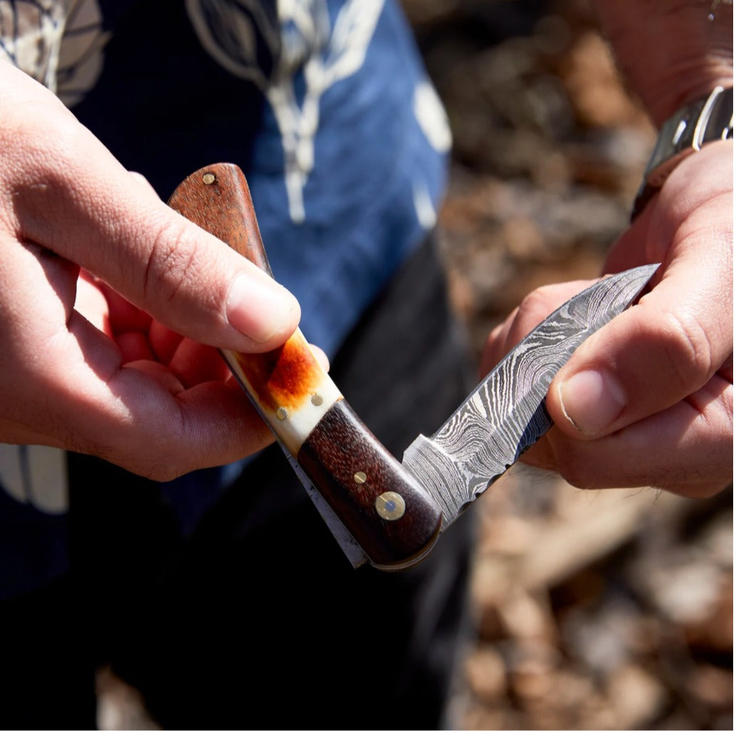Walnut & Torched Bone Damascus Pocket Knife - TF-118