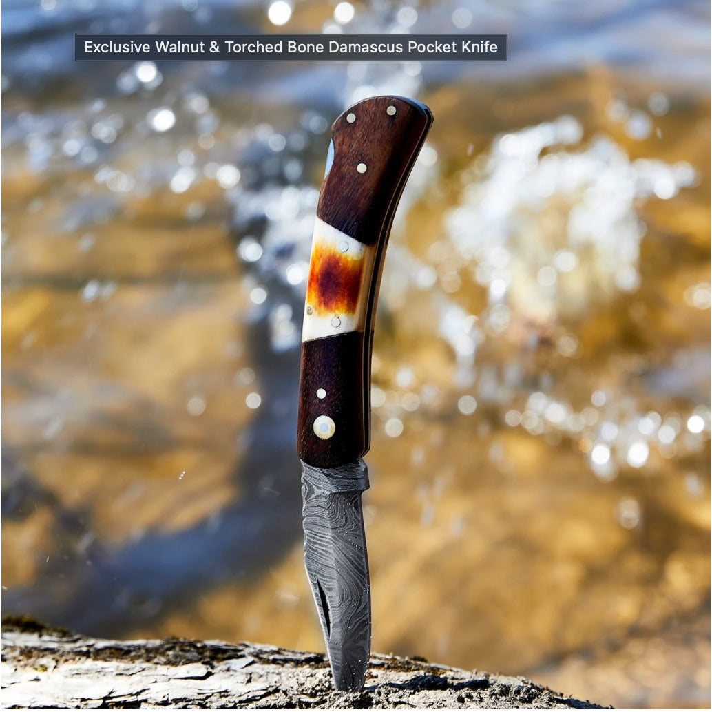 Walnut & Torched Bone Damascus Pocket Knife - TF-118