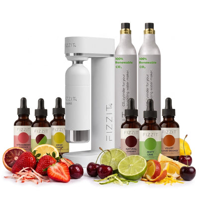 The APEX FIZZ Collection by FIZZIT: Elite Home Carbonation System Bundle | Includes Premium Soda Maker, Stainless Steel Bottle, Two 60L CO2 Cylinders, & 6 Zero-Sugar Flavor Drops (960 Cans Equivalent)