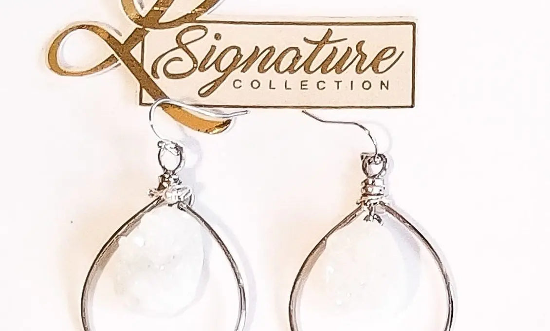 White Druzy Agate Silver Hoop