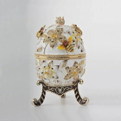 White Faberge Egg with Bees and Flowers