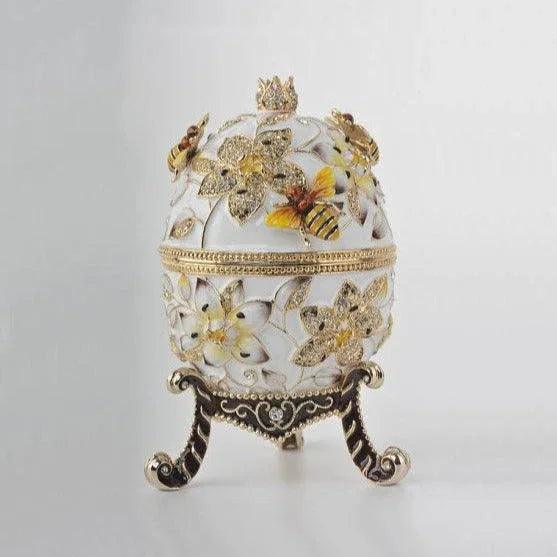 White Faberge Egg with Bees and Flowers - Gifts for You 'n Me