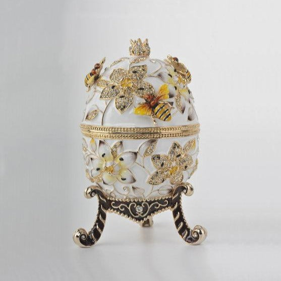 White Faberge Egg with Bees and Flowers - Gifts for You 'n Me