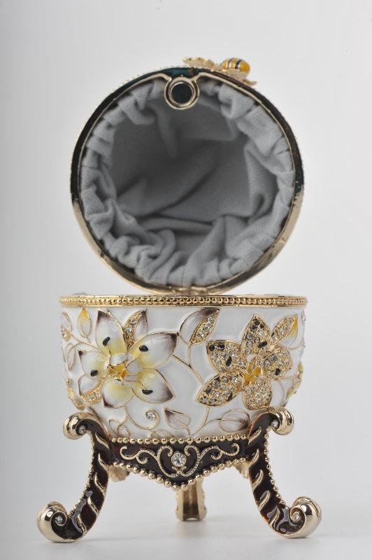 White Faberge Egg with Bees and Flowers