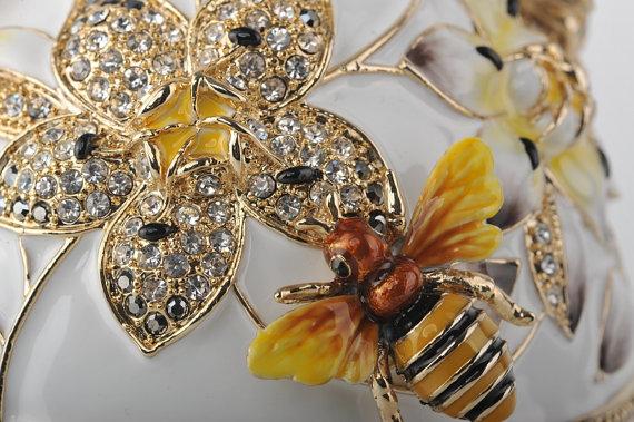 White Faberge Egg with Bees and Flowers