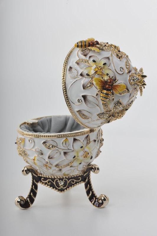 White Faberge Egg with Bees and Flowers