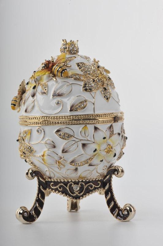 White Faberge Egg with Bees and Flowers