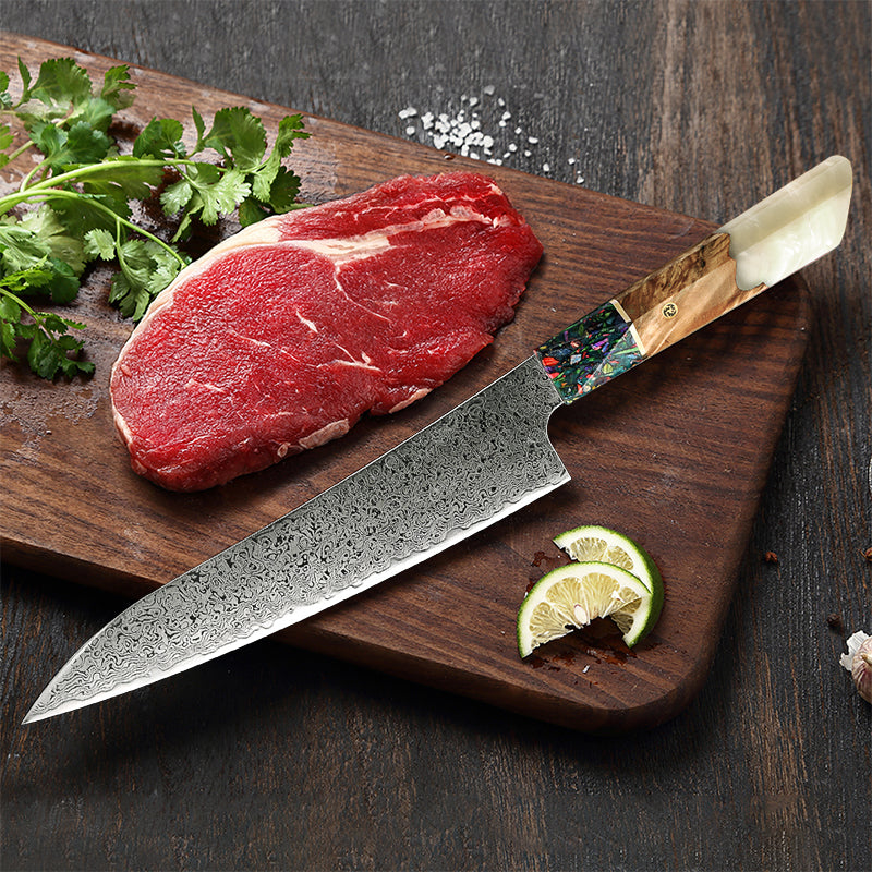 Pristine VG10 Chef Knife Set with Exotic Olive Burl Wood and Pearl Resin Handle