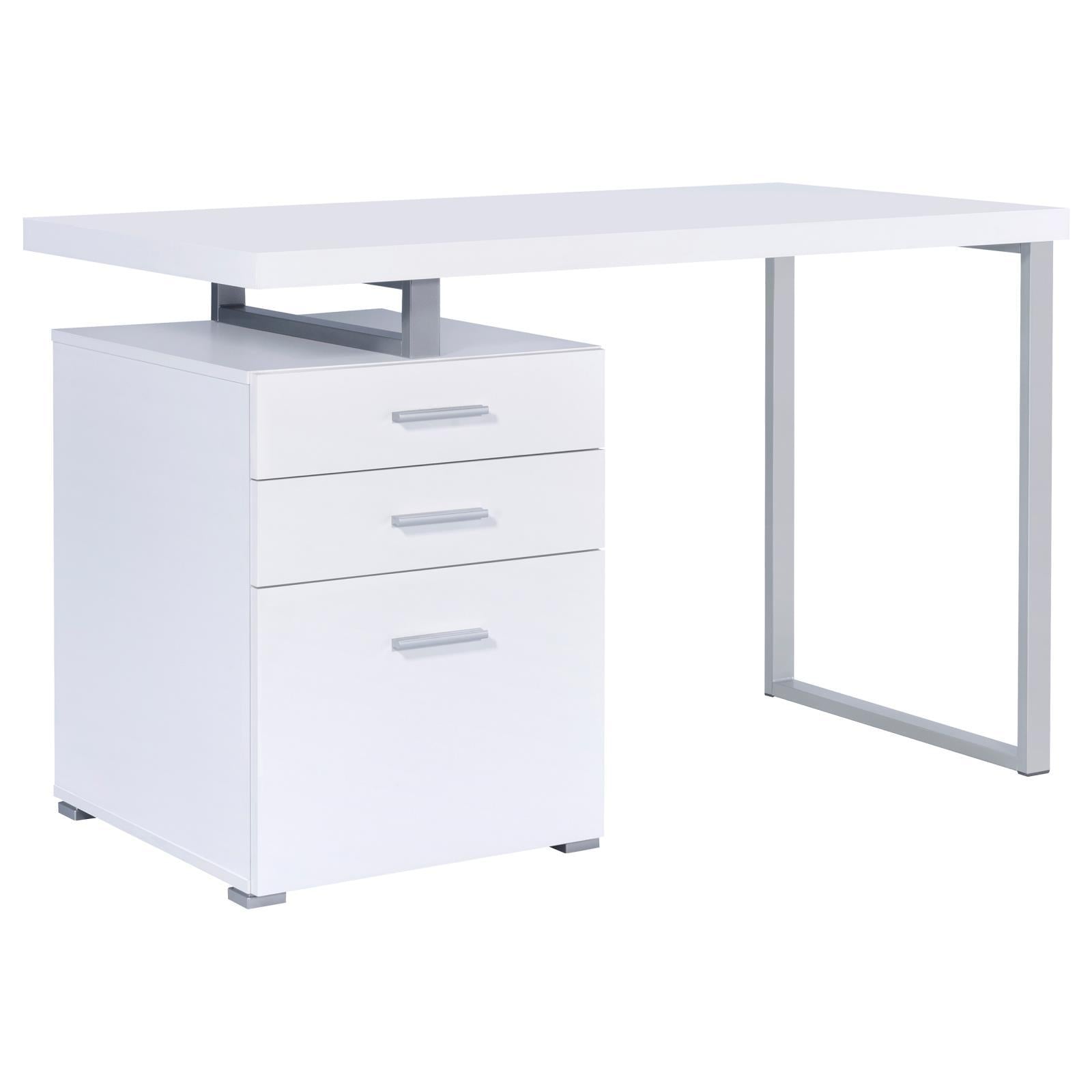 White 3-drawer Reversible Office Desk with modern metal frame and sleek design, ideal for contemporary workspaces or home offices.