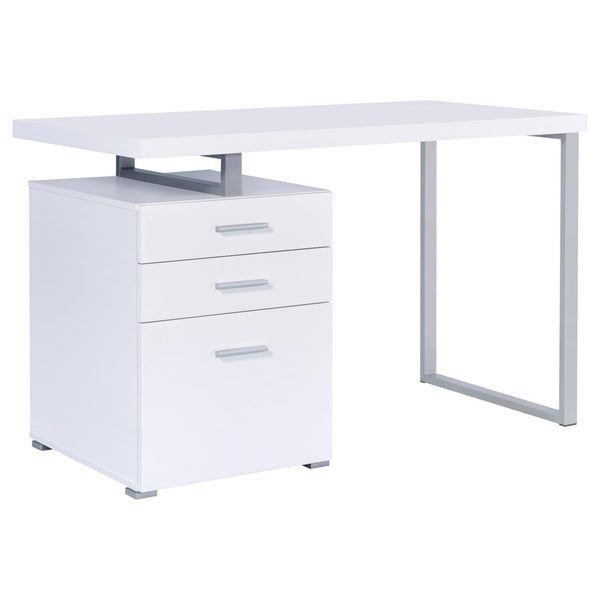 White 3-drawer Reversible Office Desk with modern metal frame and sleek design, ideal for contemporary workspaces or home offices.