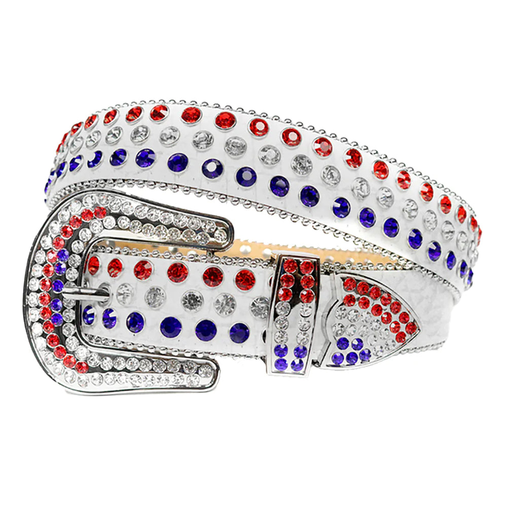 White Strap Studded US Flag Color Rhinestone Belt