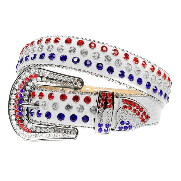 White Strap Studded US Flag Color Rhinestone Belt