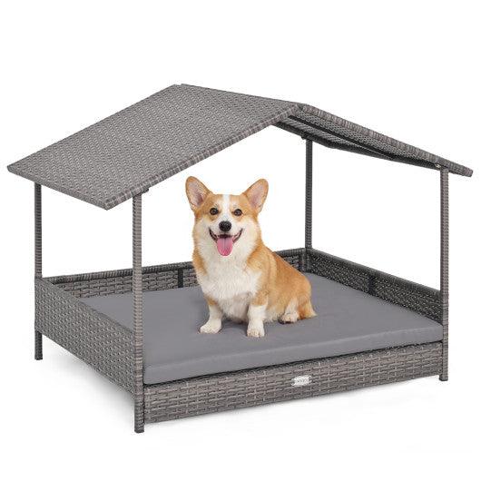 Wicker Dog House Elevated PE Rattan Dog Bed with Canopy-Gray