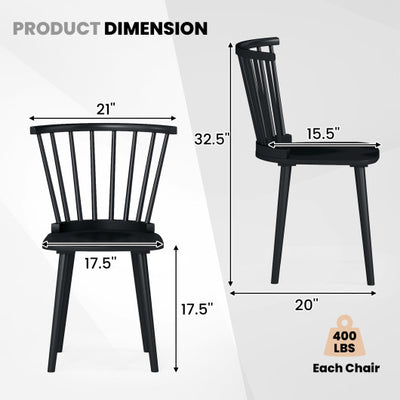 Windsor Dining Chairs Set of 2 Rubber Wood Kitchen Chairs with Spindle Back-Black