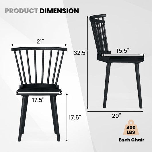 Windsor Dining Chairs Set of 2 Rubber Wood Kitchen Chairs with Spindle Back-Black