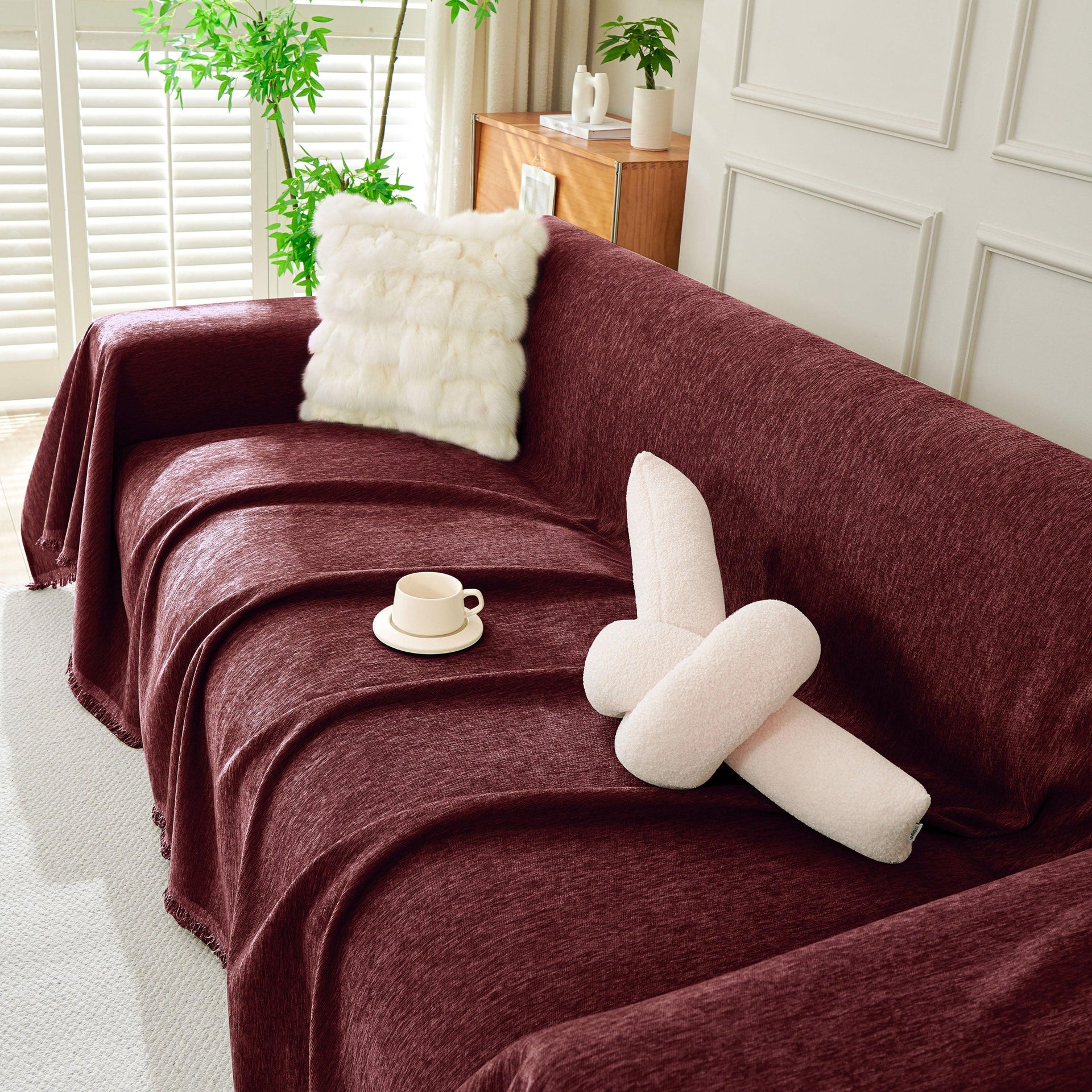 Solid Color Chenille Sofa Throw Blanket, Soft & Plush Decorative Couch Throw Cover