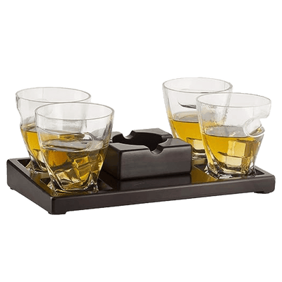 The Wine Savant Cigar Glasses Tray & Ash Tray, 4 Whiskey Cigar Glasses Slot to Hold Cigar, Whiskey Glass Gift Set, Cigar Rest, Accessory Set Gift for Dad, Men Home Office Decor Gifts, Man Cave