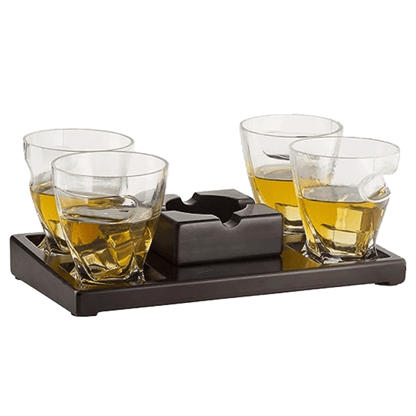 The Wine Savant Cigar Glasses Tray & Ash Tray, 4 Whiskey Cigar Glasses Slot to Hold Cigar, Whiskey Glass Gift Set, Cigar Rest, Accessory Set Gift for Dad, Men Home Office Decor Gifts, Man Cave