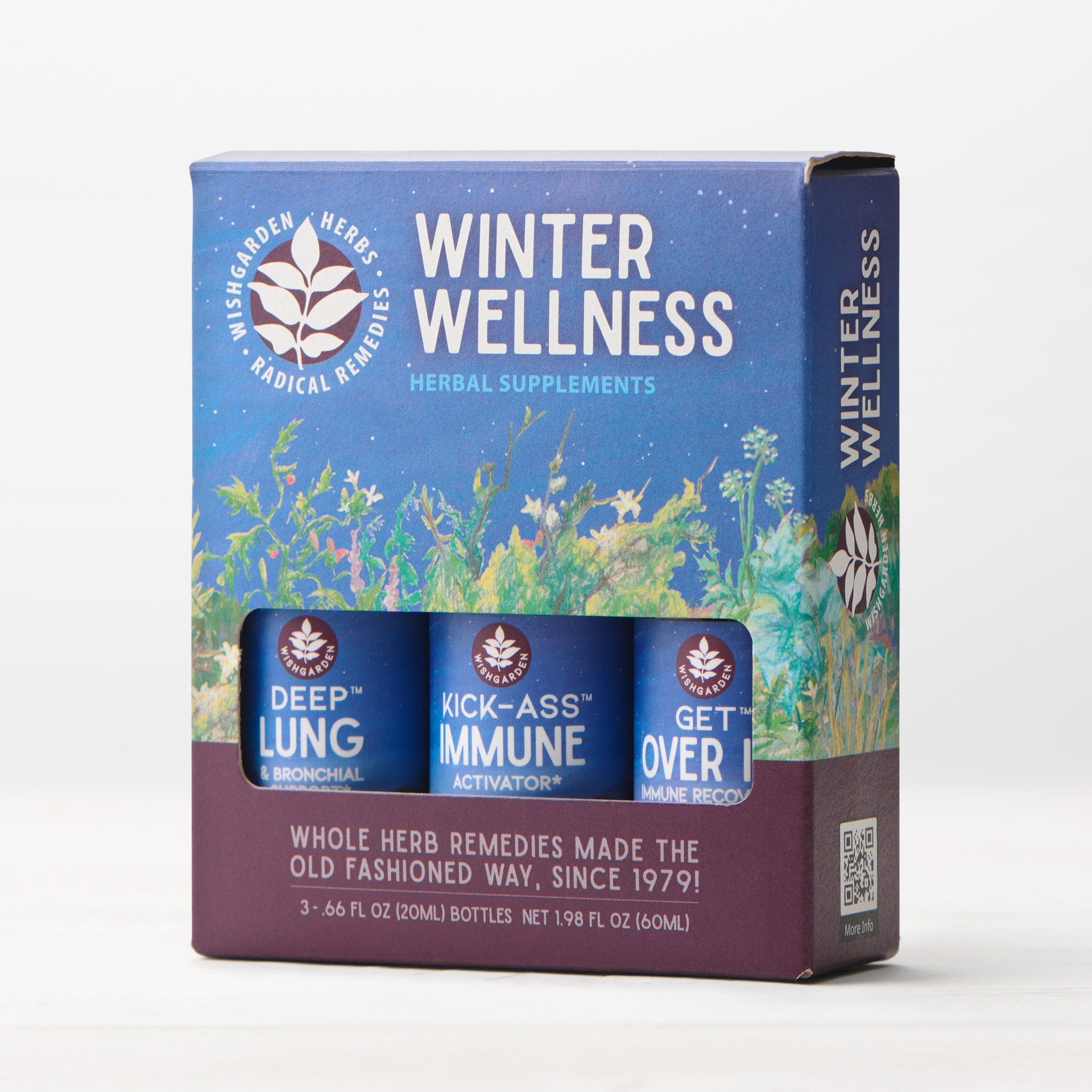 Winter Wellness herbal supplements packaging with three blue bottles on a white background