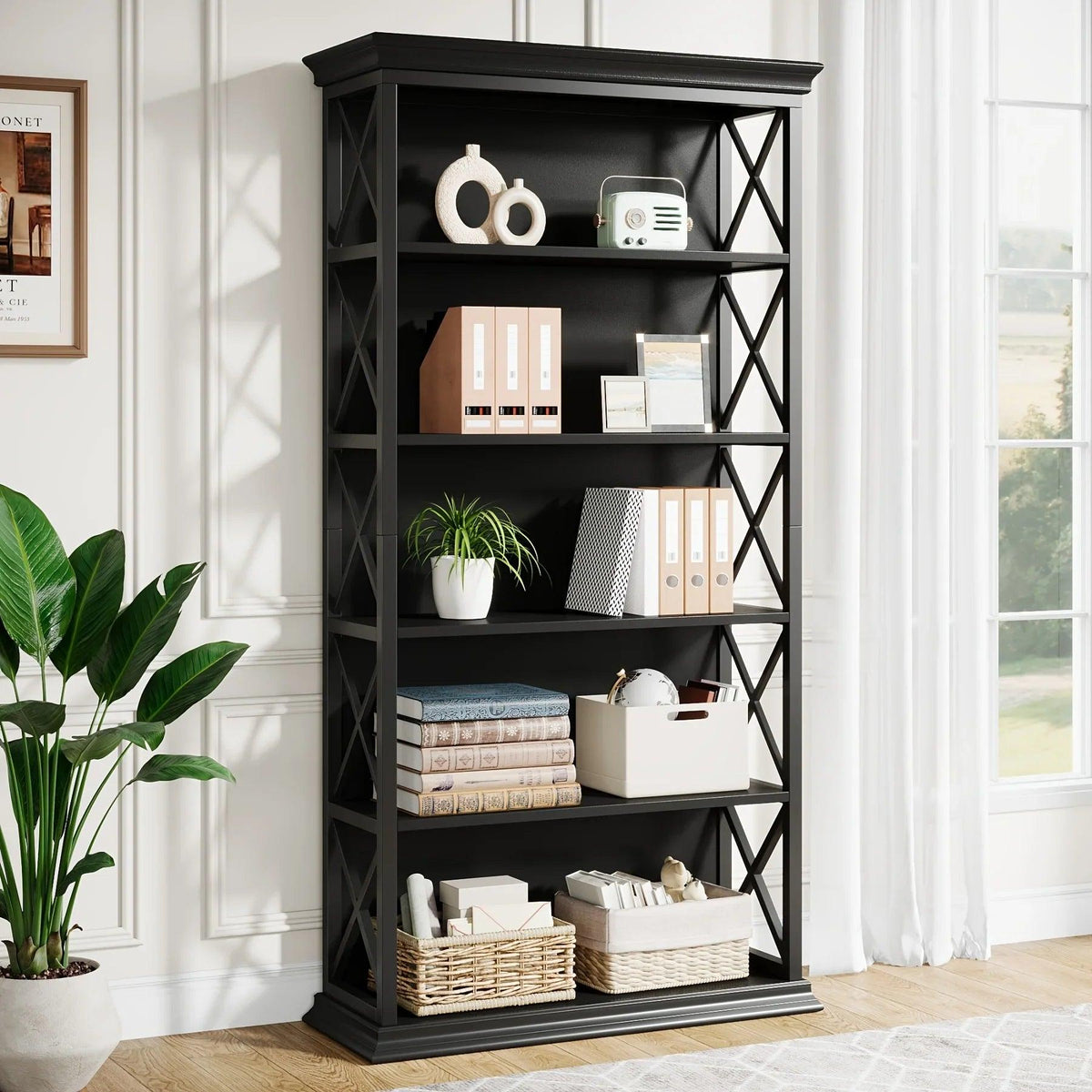 Wood Bookcase 6-Tier 71 Inch Brown with Metal X-Pattern Design