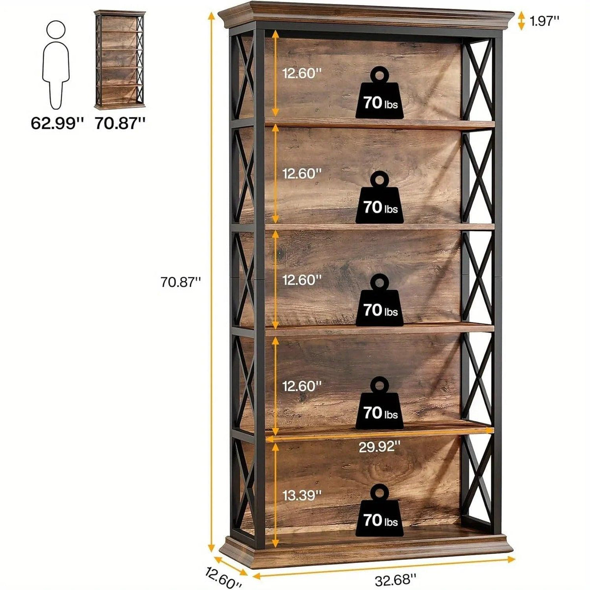 Wood Bookcase 6-Tier 71 Inch Brown with Metal X-Pattern Design