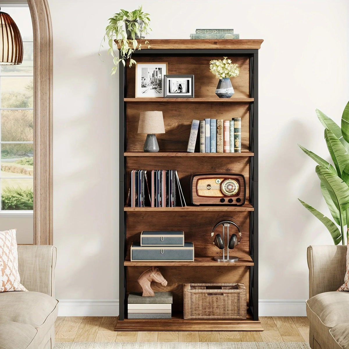 Wood Bookcase 6-Tier 71 Inch Brown with Metal X-Pattern Design