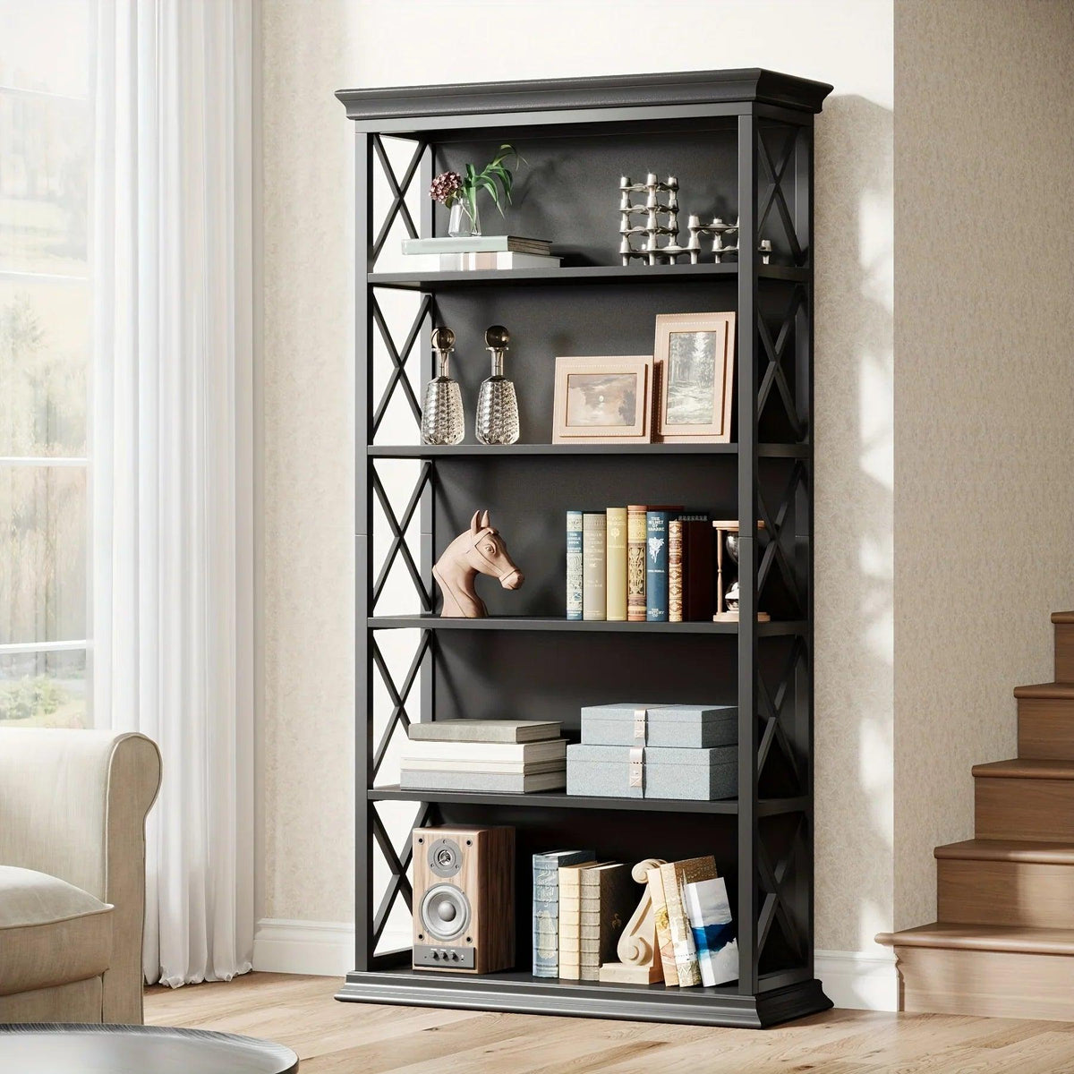 Wood Bookcase 6-Tier 71 Inch Brown with Metal X-Pattern Design