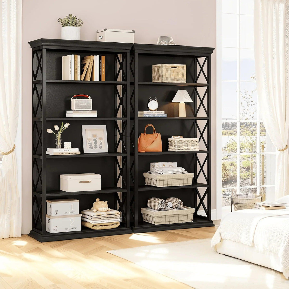 Wood Bookcase 6-Tier 71 Inch Brown with Metal X-Pattern Design