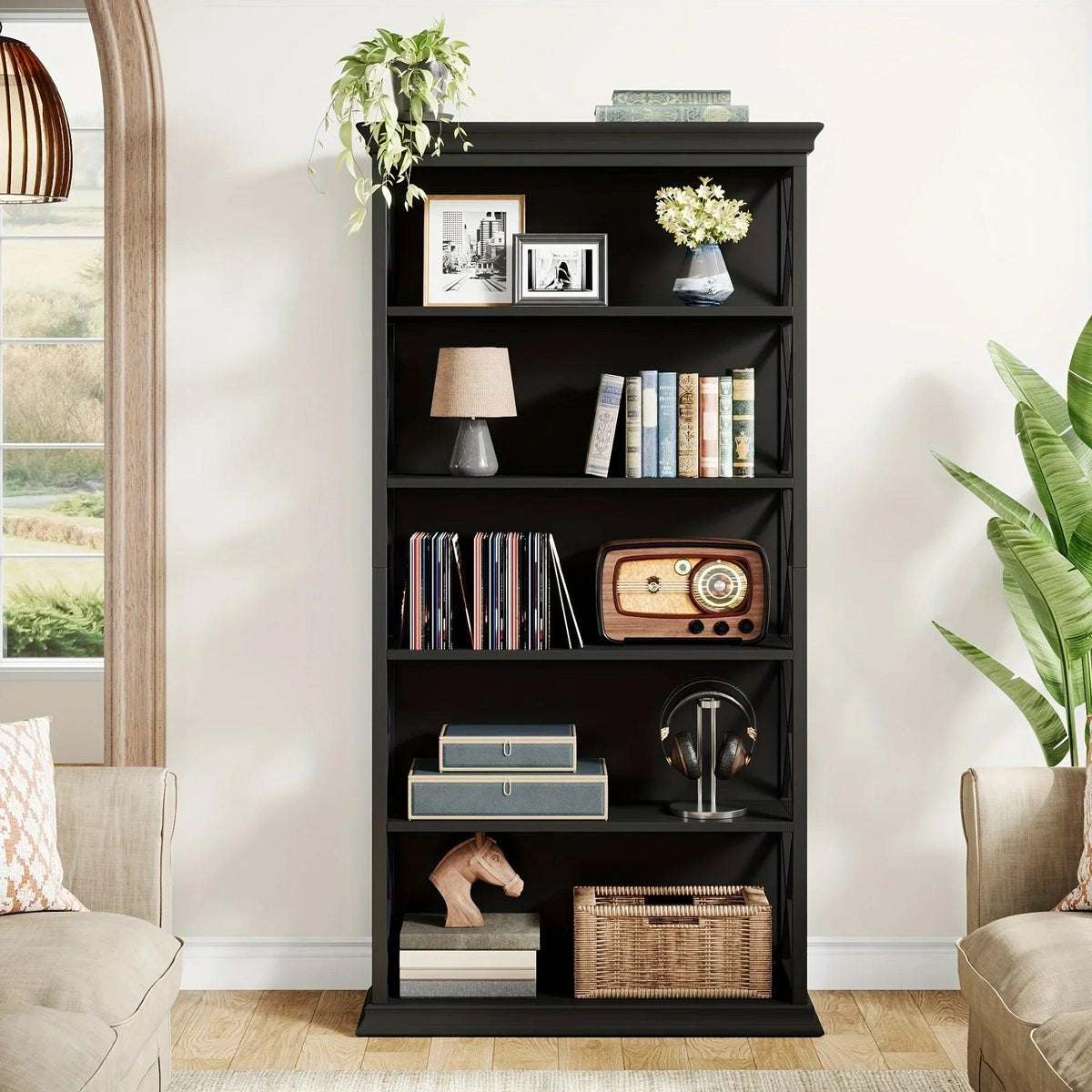 Wood Bookcase 6-Tier 71 Inch Brown with Metal X-Pattern Design