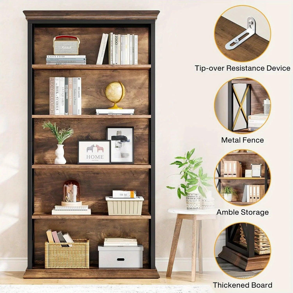 Wood Bookcase 6-Tier 71 Inch Brown with Metal X-Pattern Design