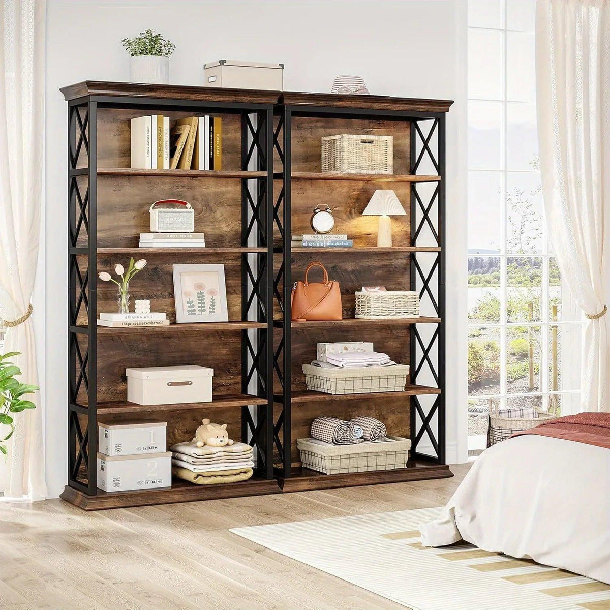 Wood Bookcase 6-Tier 71 Inch Brown with Metal X-Pattern Design