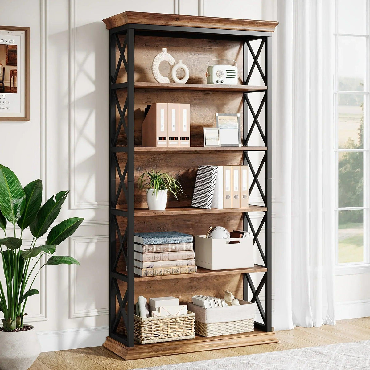Wood Bookcase 6-Tier 71 Inch Brown with Metal X-Pattern Design