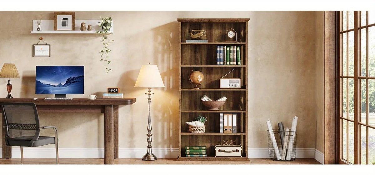 Wood Bookcase 6-Tier 75-Inch Brown Freestanding Shelves