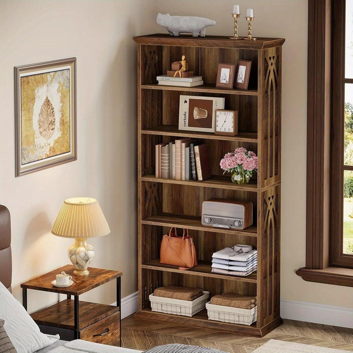 Wood Bookcase 6-Tier 75-Inch Brown Freestanding Shelves
