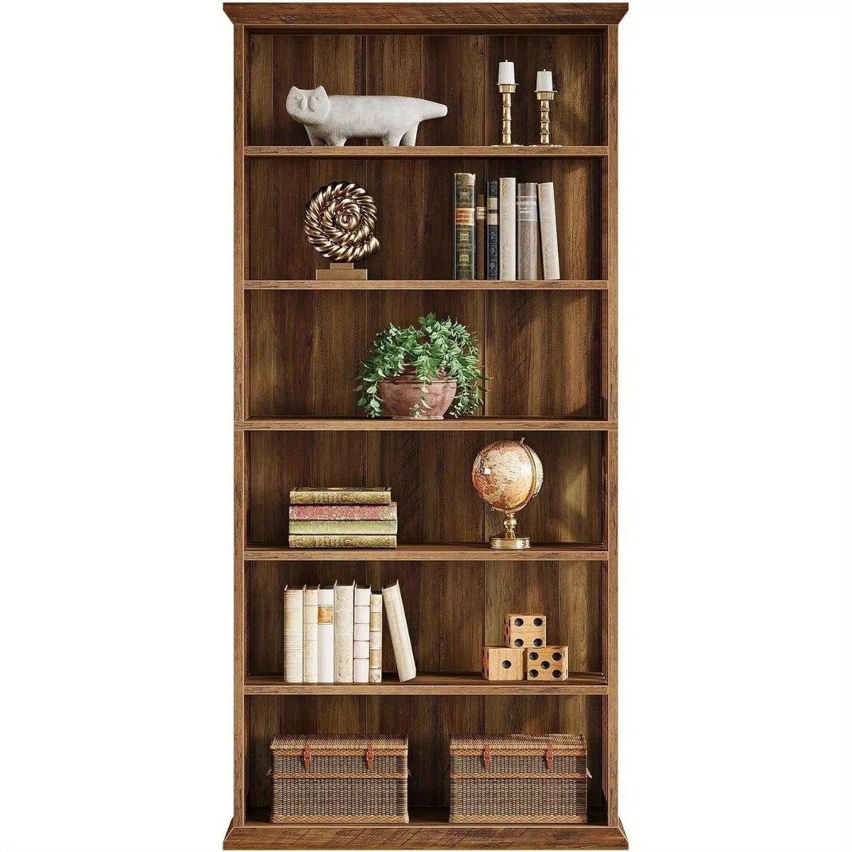 Wood Bookcase 6-Tier 75-Inch Brown Freestanding Shelves