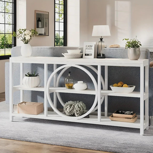 Wood Sofa Console Table with 3 Tier Storage, 70.9 inch, Black