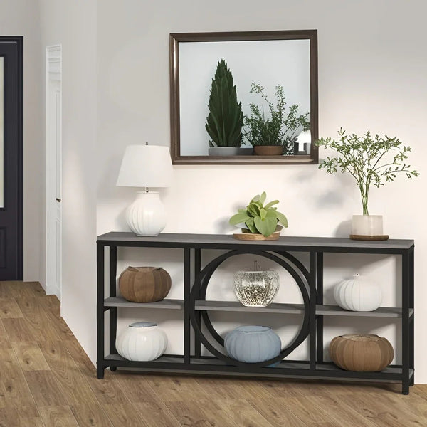 Wood Sofa Console Table with 3 Tier Storage, 70.9 inch, Black