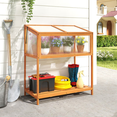 Wood Cold Frame Greenhouse with Transparent Openable Roof and Slatted Storage Shelf-Orange