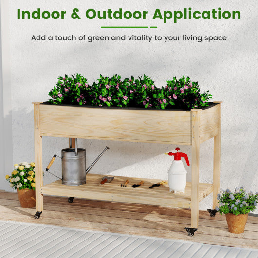 Wood Elevated Planter Bed with Lockable Wheels Shelf and Liner