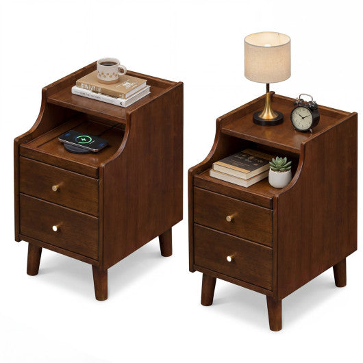 Wood Nightstand Set of 2 with Drawers and Solid Wood Legs-Brown