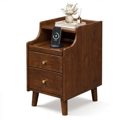 Wood Nightstand with Drawers and Solid Wood Legs for Bedroom-Brown